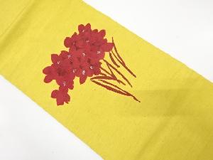 手織り紬　手描き　花模様　名古屋帯